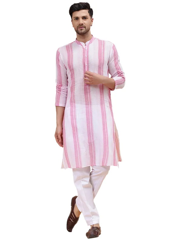 Men_White_&_Pink_Pure_Cotton_Printed_Staright_Kurta_With_Pajama