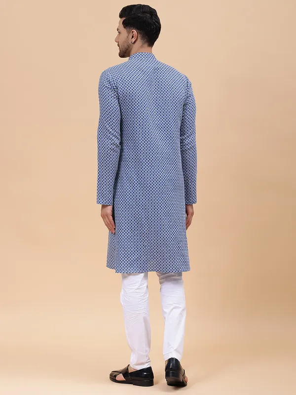Men_Blue_&_Grey_Pure_Cotton_Printed_Staright_Kurta_With_Pajama