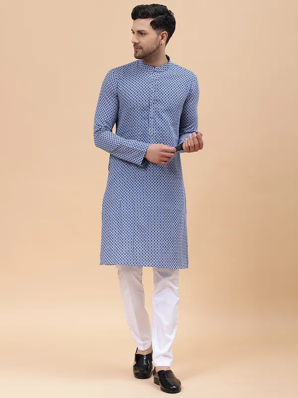 Men_Blue_&_Grey_Pure_Cotton_Printed_Staright_Kurta_With_Pajama