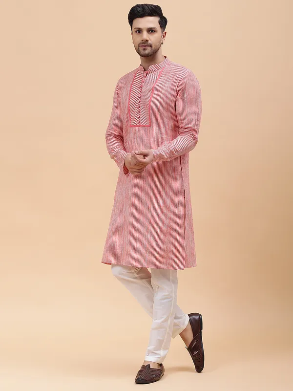 Men_Pink_Stripe_Pure_Cotton_Printed_Staright_Kurta_With_Pajama