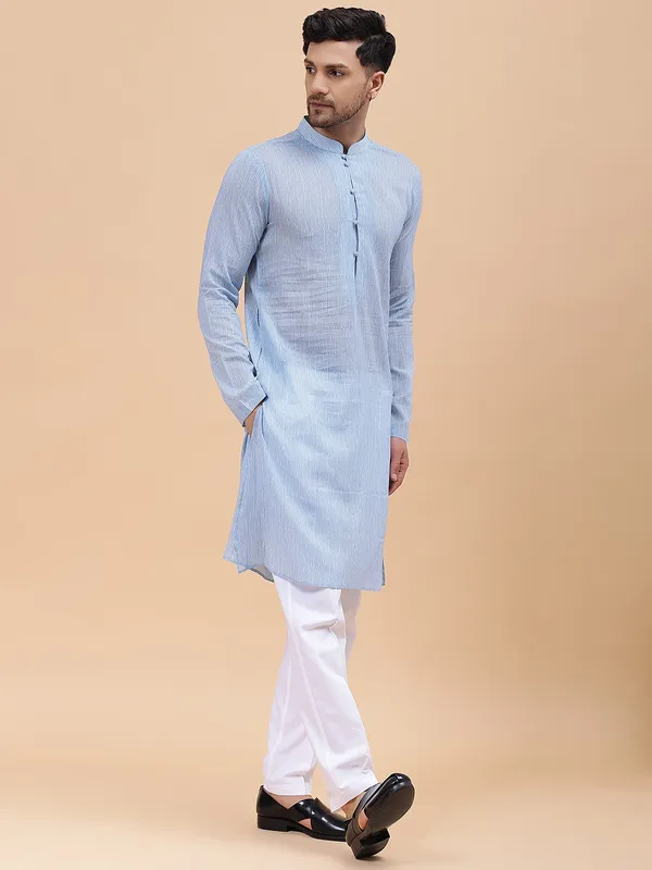 Men_Sky_Blue_&_White_Pure_Cotton_Embroidered_Staright_Kurta_With_Pajama