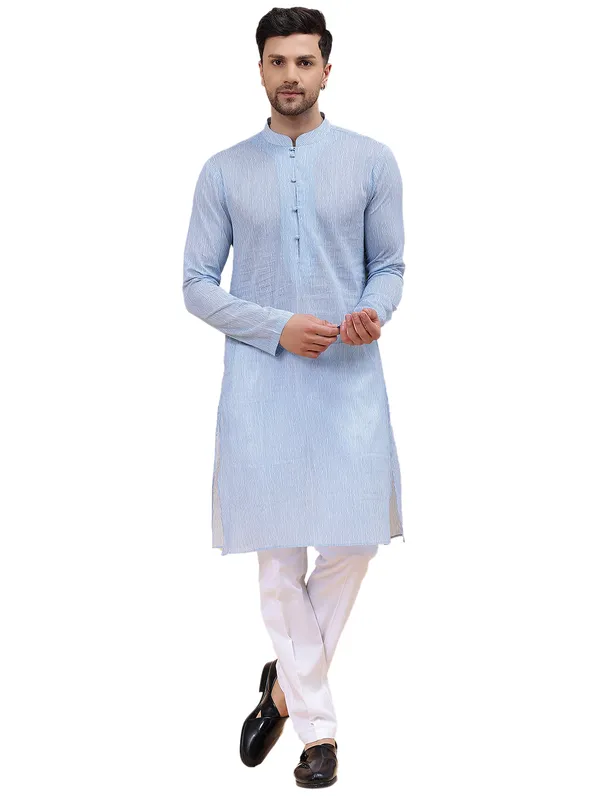 Men_Sky_Blue_&_White_Pure_Cotton_Embroidered_Staright_Kurta_With_Pajama