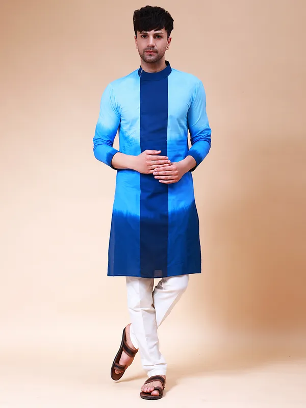 Men_White_And_Blue_Ombre_Dyed_Pure_Cotton_Kurta_With_White_Pajama