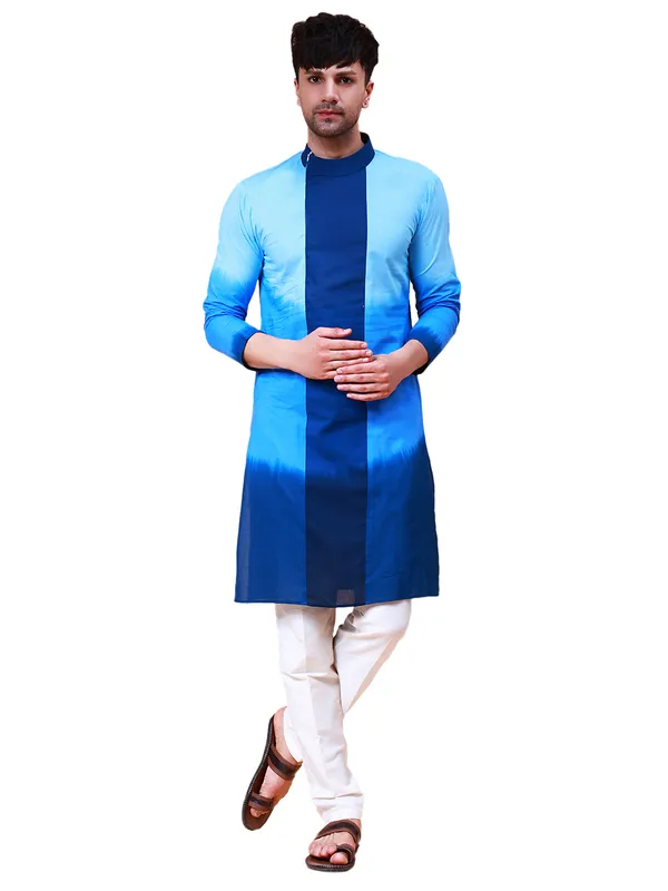 Men_White_And_Blue_Ombre_Dyed_Pure_Cotton_Kurta_With_White_Pajama