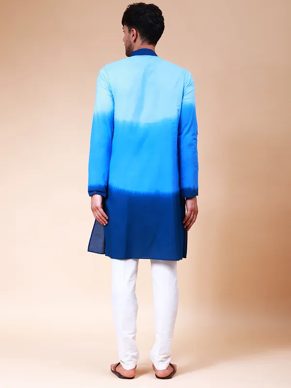 Men_White_And_Blue_Ombre_Dyed_Pure_Cotton_Kurta_With_White_Pajama