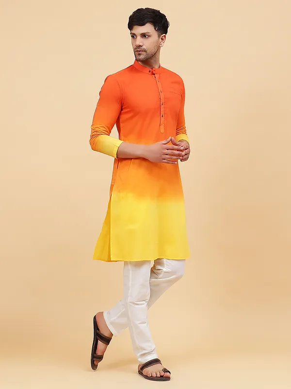 Men_Orange_And_Yellow_Ombre_Dyed_Pure_Cotton_Kurta_With_White_Pajama