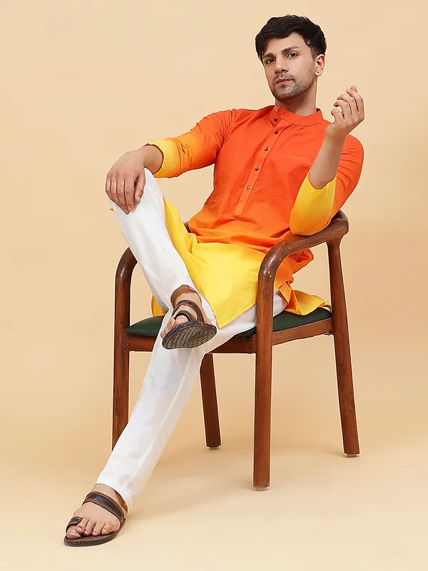 Men_Orange_And_Yellow_Ombre_Dyed_Pure_Cotton_Kurta_With_White_Pajama