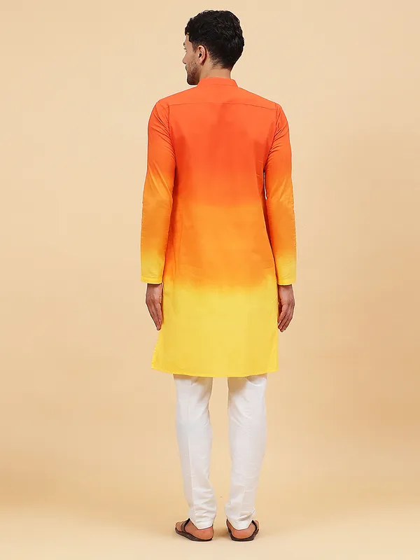 Men_Orange_And_Yellow_Ombre_Dyed_Pure_Cotton_Kurta_With_White_Pajama