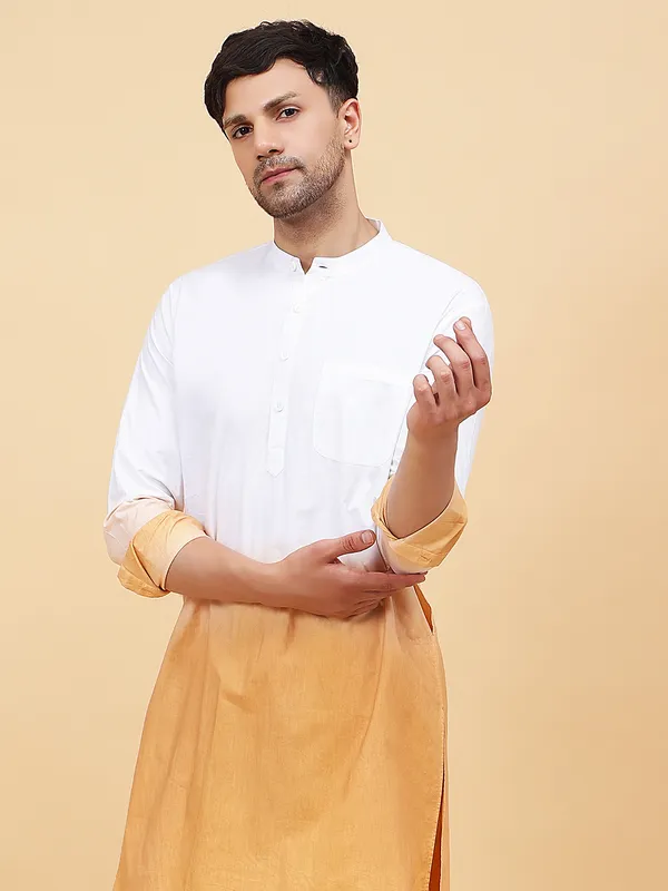 Men_White_And_Tan_Ombre_Dyed_Pure_Cotton_Kurta_With_White_Pajama