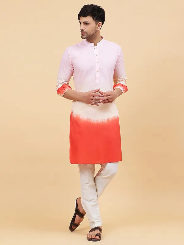 Men_Pink_And_Orange_Ombre_Dyed_Pure_Cotton_Kurta_With_White_Pajama