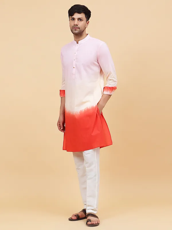 Men_Pink_And_Orange_Ombre_Dyed_Pure_Cotton_Kurta_With_White_Pajama