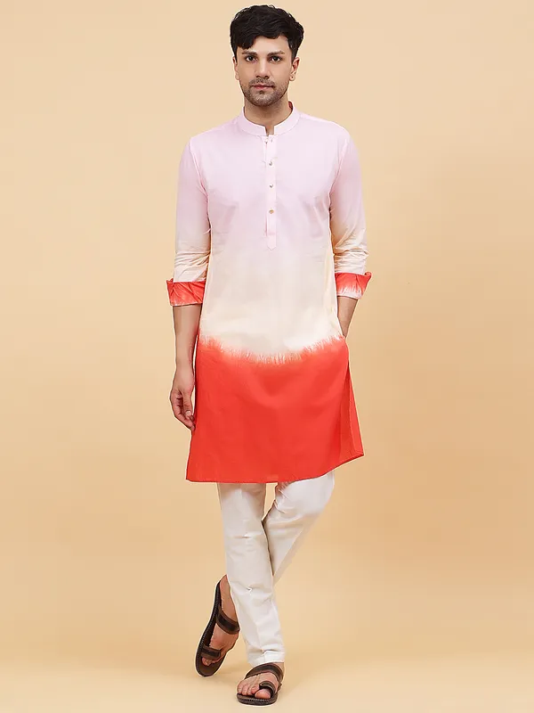 Men_Pink_And_Orange_Ombre_Dyed_Pure_Cotton_Kurta_With_White_Pajama