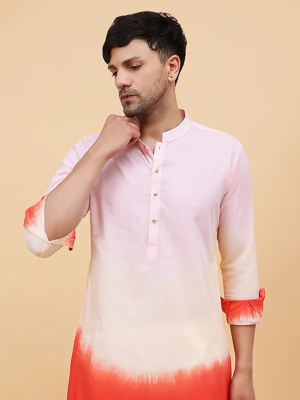 Men_Pink_And_Orange_Ombre_Dyed_Pure_Cotton_Kurta_With_White_Pajama