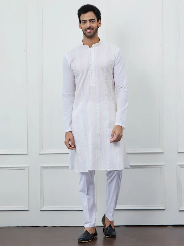 Men_White_Cotton_Multi_Thread_Work_Kurta_With_Pyjama