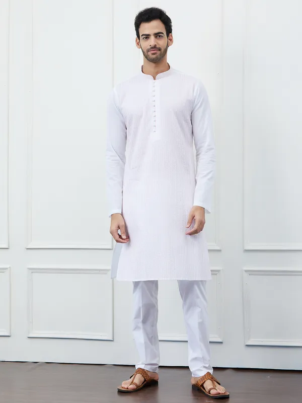 Men_White_Cotton_Pink_Thread_Work_&_Sequines_Kurta_With_Pyjama
