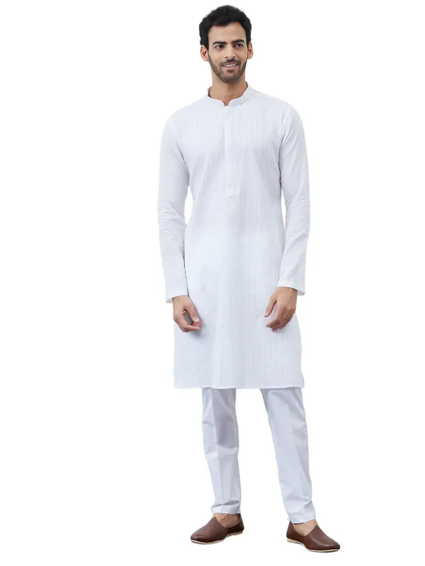 Men_White_Cotton_Multi_Thread_Work_Kurta_With_Pyjama