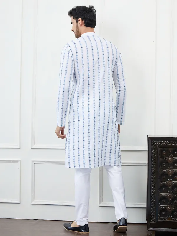 Men_White_And_Blue_Chikankari_Embroidered_Cotton_Kurta_Set