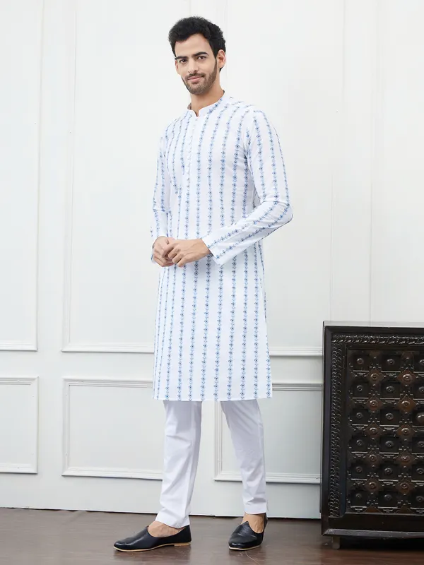 Men_White_And_Blue_Chikankari_Embroidered_Cotton_Kurta_Set