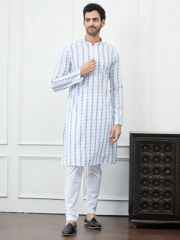 Men_White_And_Blue_Chikankari_Embroidered_Cotton_Kurta_Set