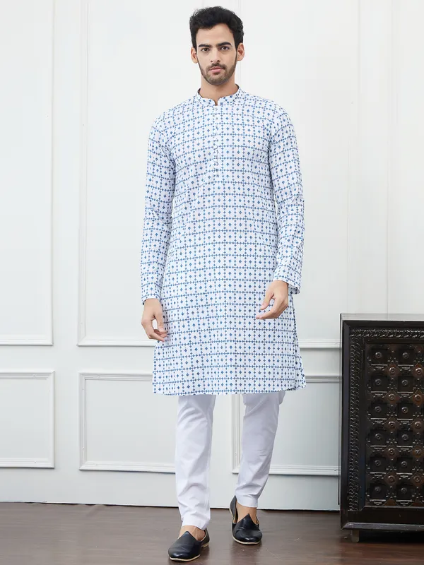 Men_White_And_Blue_Chikankari_Embroidered_Cotton_Kurta_Set