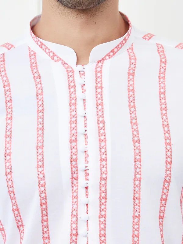 Men_White_And_Orange_Chikankari_Embroidered_Cotton_Kurta_Set