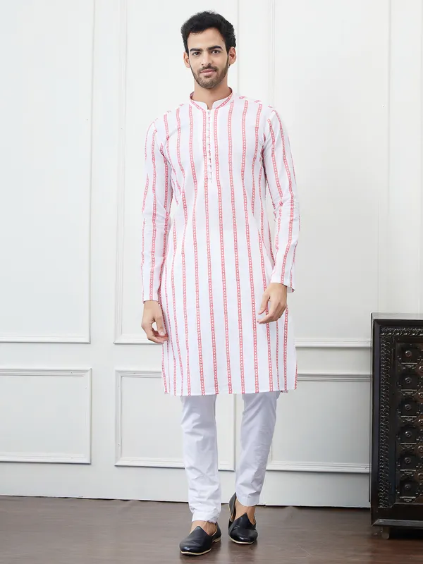Men_White_And_Orange_Chikankari_Embroidered_Cotton_Kurta_Set