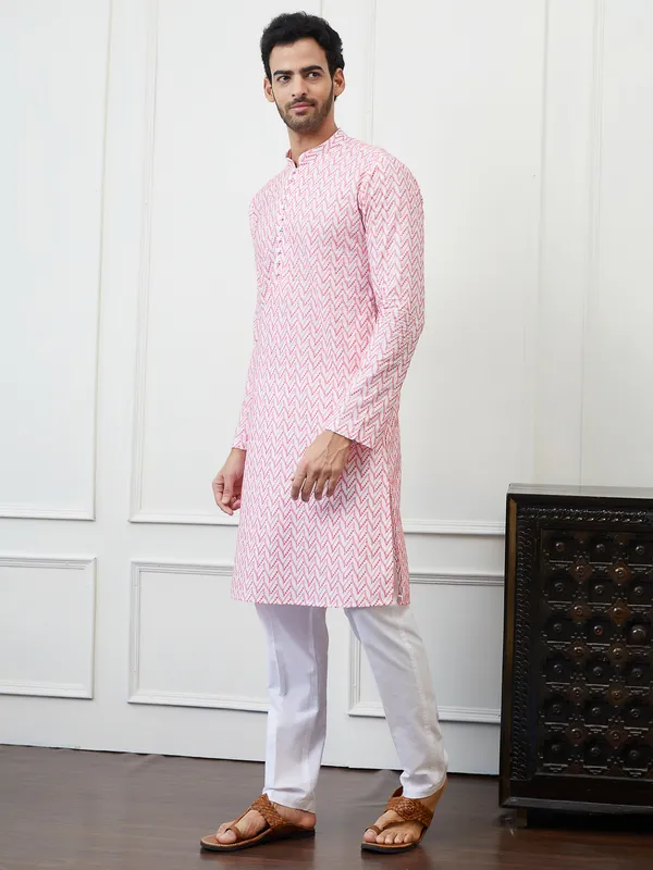 Men_Orange_And_White_Chikankari_Embroidered_Cotton_Kurta_Set