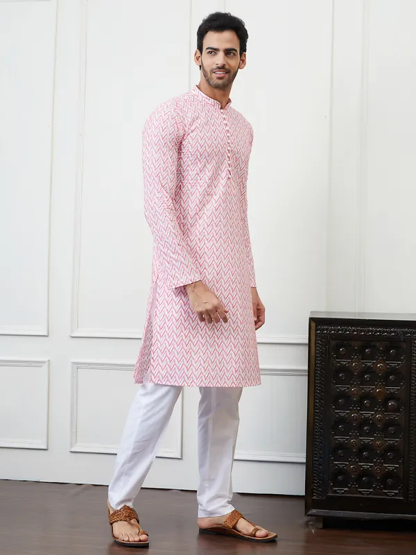 Men_Orange_And_White_Chikankari_Embroidered_Cotton_Kurta_Set
