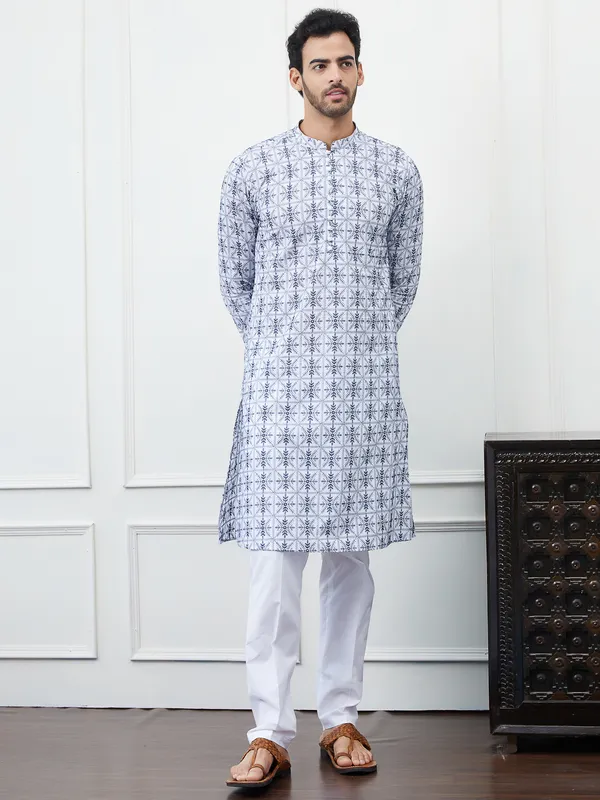 Men_Cream_And_Blue_Chikankari_Embroidered_Cotton_Kurta_Set
