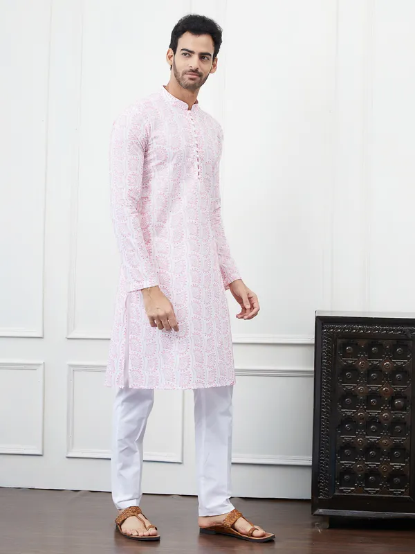 Men_White_And_Orange_Chikankari_Embroidered_Cotton_Kurta_Set