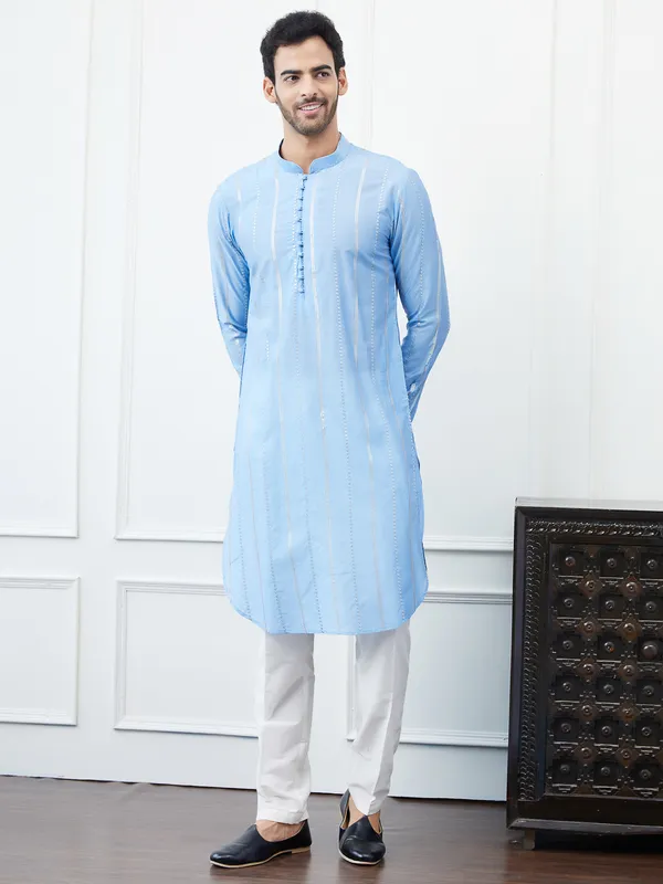 Men_Turquoise_Blue_Sequines_Cotton_Kurta_Set