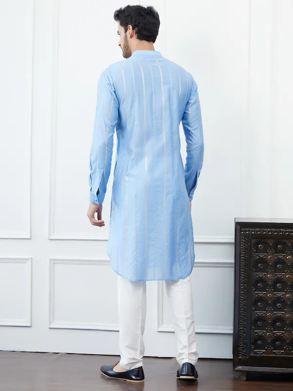 Men_Turquoise_Blue_Sequines_Cotton_Kurta_Set