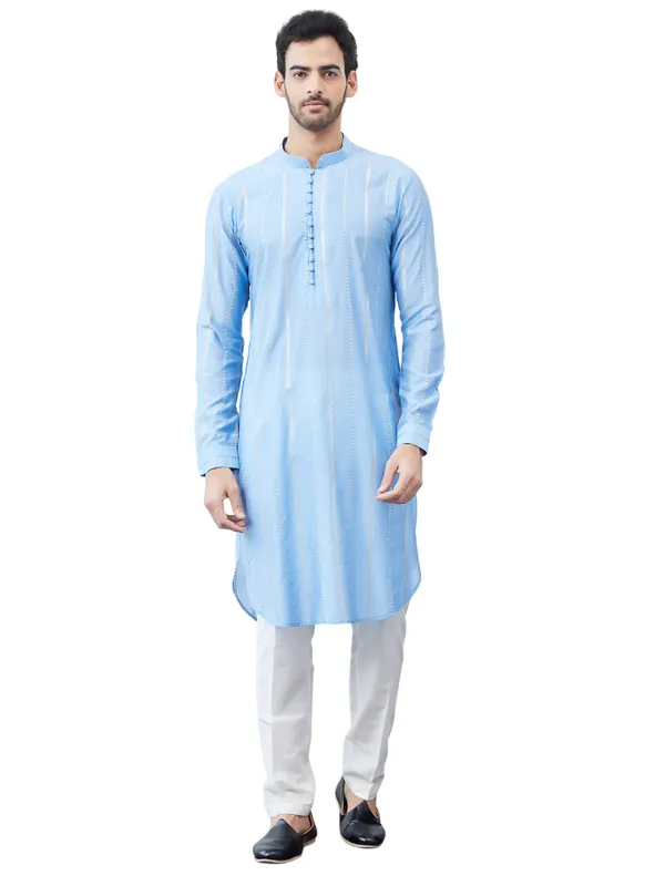 Men_Turquoise_Blue_Sequines_Cotton_Kurta_Set