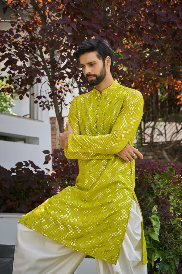 Lime_Green_Sequins_Woven_Designs_Kurta_With_Patiala_Salwar