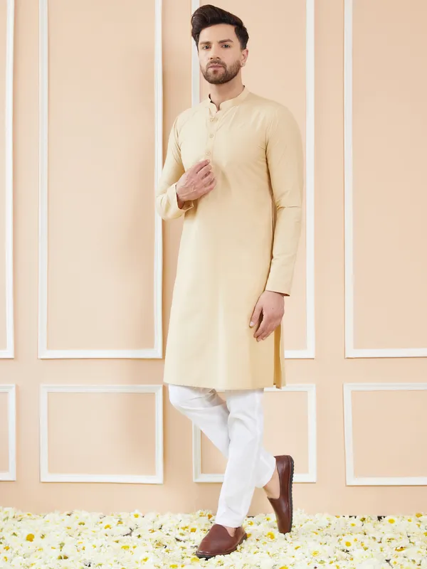 Men_Cream_Cotton_Solid_Straight_Kurta_With_Pyjama