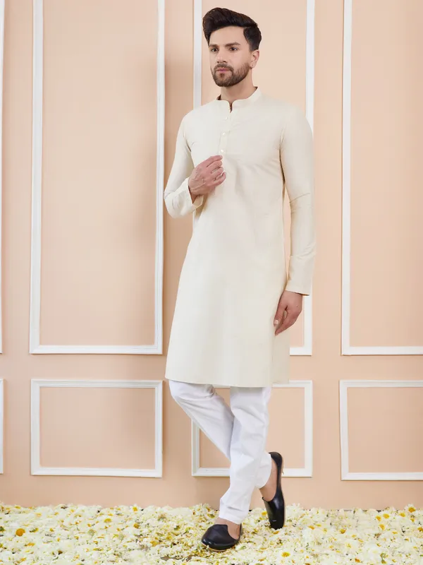 Men_Cream_Cotton_Solid_Straight_Kurta_With_Pyjama