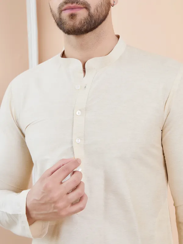 Men_Cream_Cotton_Solid_Straight_Kurta_With_Pyjama