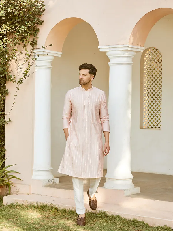 Men_Pink_And_Gold_Chanderi_Silk_Sequins_Kurta_With_Pyjama