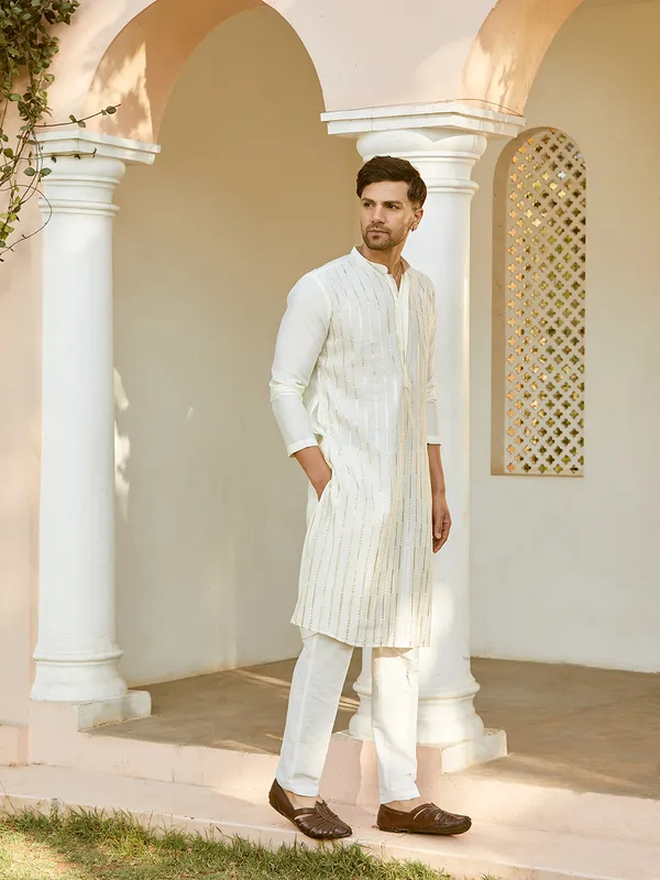 Men_Off_White_And_Gold_Chanderi_Silk_Sequins_Kurta_With_Pyjama