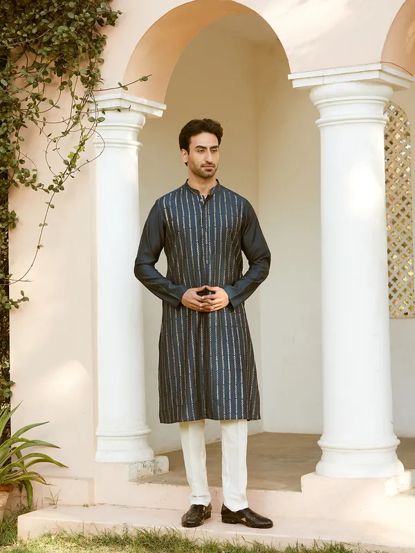Men_Teal_And_Gold_Chanderi_Silk_Sequins_Kurta_With_Pyjama