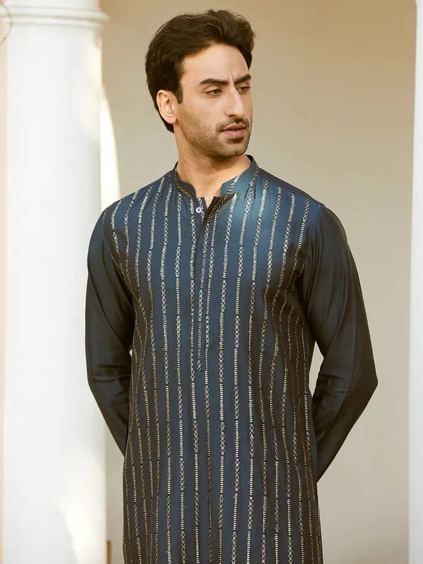 Men_Teal_And_Gold_Chanderi_Silk_Sequins_Kurta_With_Pyjama