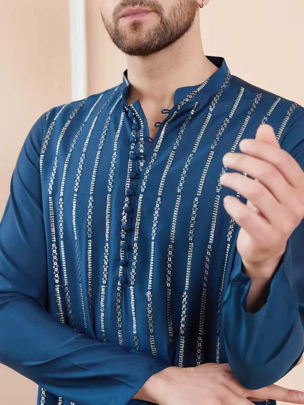 Men_Teal_And_Gold_Chanderi_Silk_Sequins_Kurta_With_Pyjama
