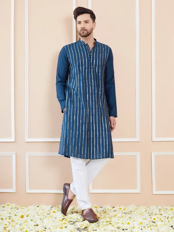 Men_Blue_and_Gold_Sequins_Embroidered_Chanderi_Silk_Straight_Kurta_With_Pyjama