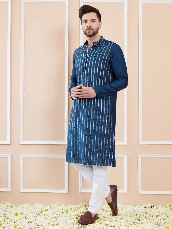 Men_Blue_and_Gold_Sequins_Embroidered_Chanderi_Silk_Straight_Kurta_With_Pyjama
