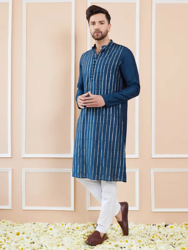 Men_Blue_and_Gold_Sequins_Embroidered_Chanderi_Silk_Straight_Kurta_With_Pyjama