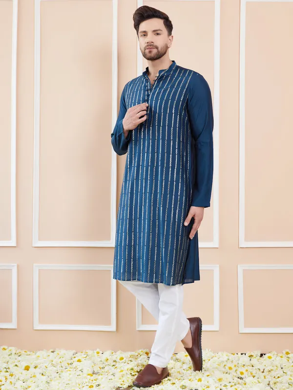 Men_Blue_and_Gold_Sequins_Embroidered_Chanderi_Silk_Straight_Kurta_With_Pyjama