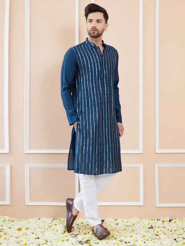 Men_Blue_and_Gold_Sequins_Embroidered_Chanderi_Silk_Straight_Kurta_With_Pyjama
