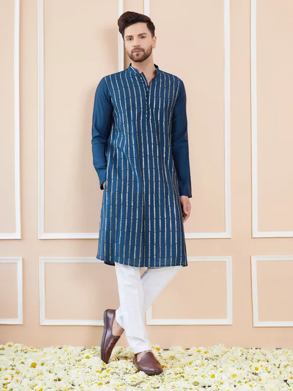 Men_Blue_and_Gold_Sequins_Embroidered_Chanderi_Silk_Straight_Kurta_With_Pyjama