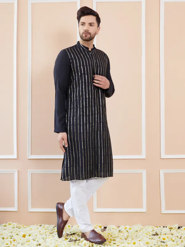 Men_Black_and_Gold_Sequins_Embroidered_Chanderi_Silk_Straight_Kurta_With_Pyjama