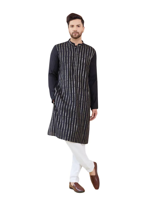 Men_Black_and_Gold_Sequins_Embroidered_Chanderi_Silk_Straight_Kurta_With_Pyjama